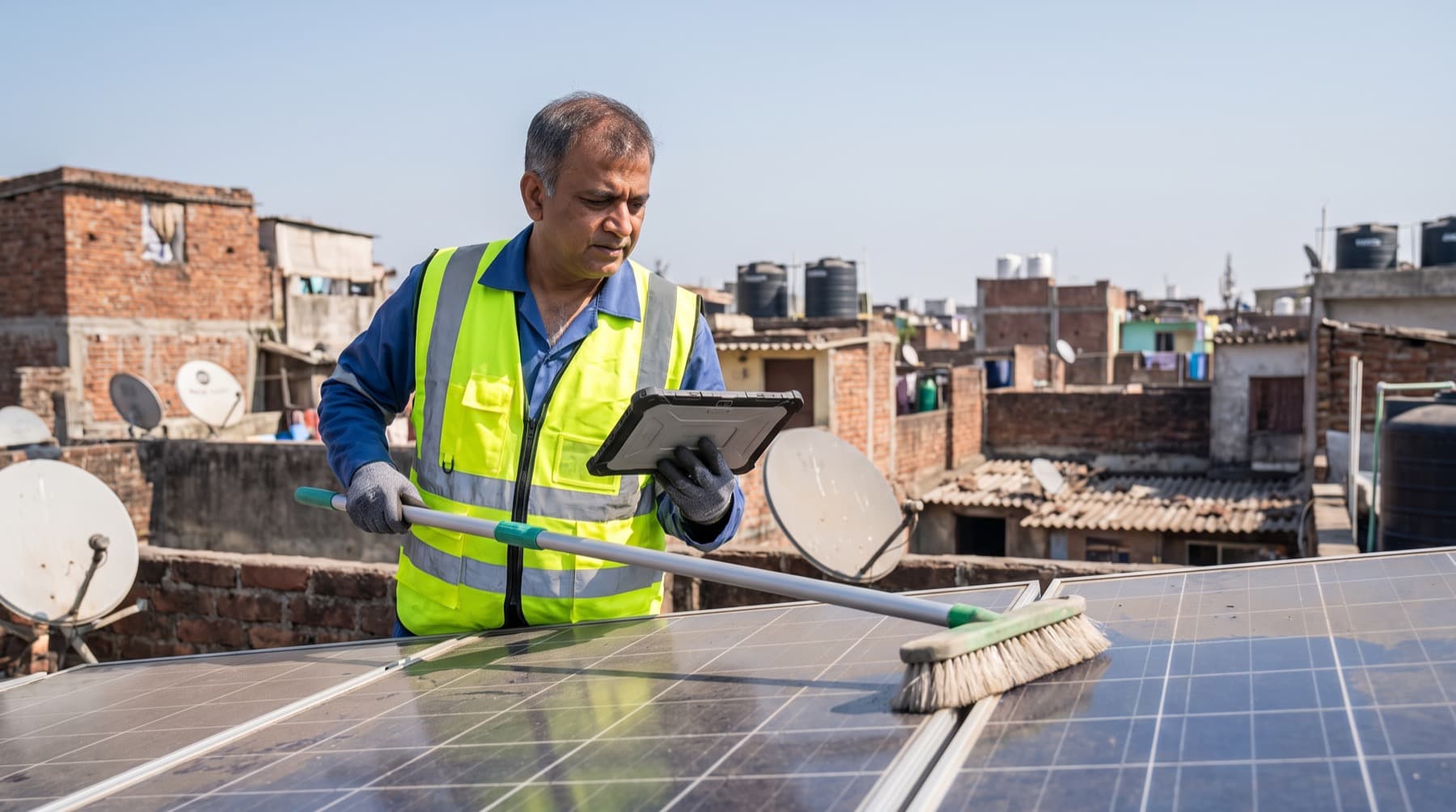 Technician cleaning and inspecting rooftop solar panels