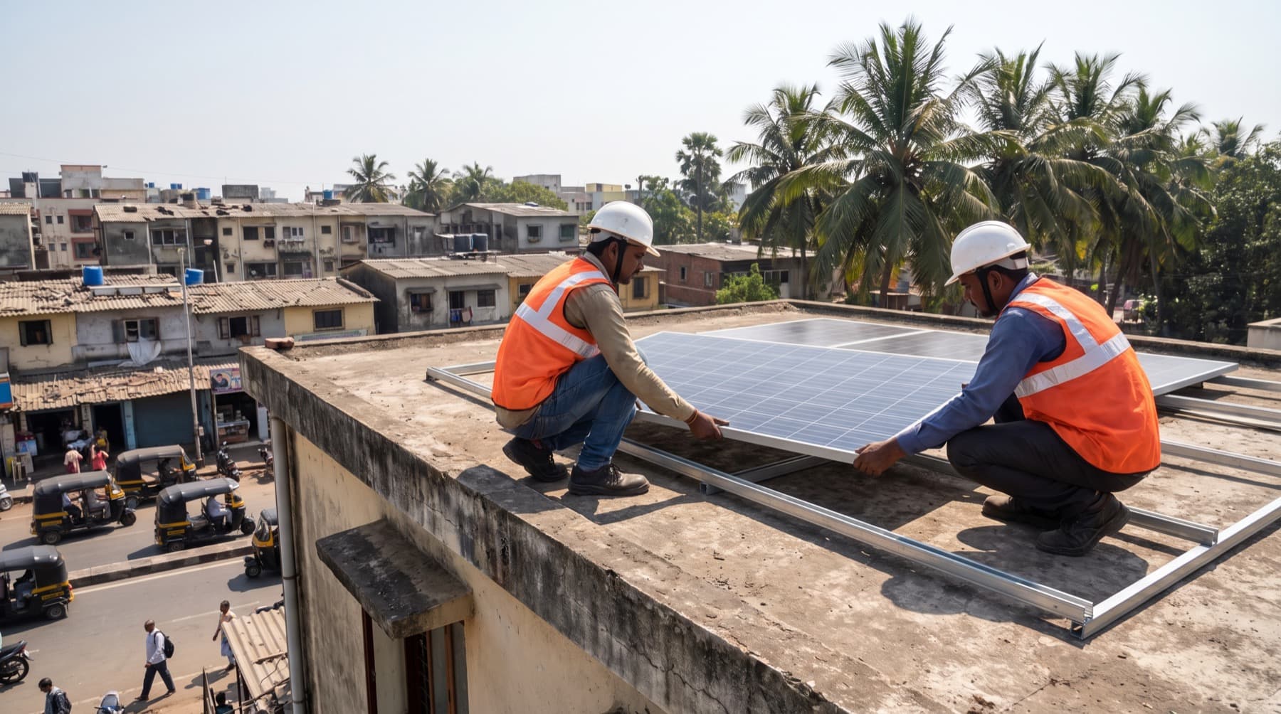 Technicians installing solar panels on the terrace of an Indian home