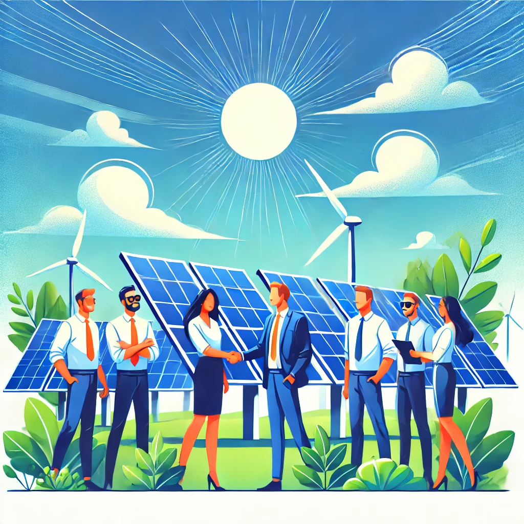 This image has an empty alt attribute; its file name is DALLE-2024-12-20-07.16.50-A-vibrant-and-professional-illustration-of-collaboration-in-the-solar-energy-industry.-The-image-should-depict-a-group-of-people-shaking-hands-and-dis.webp